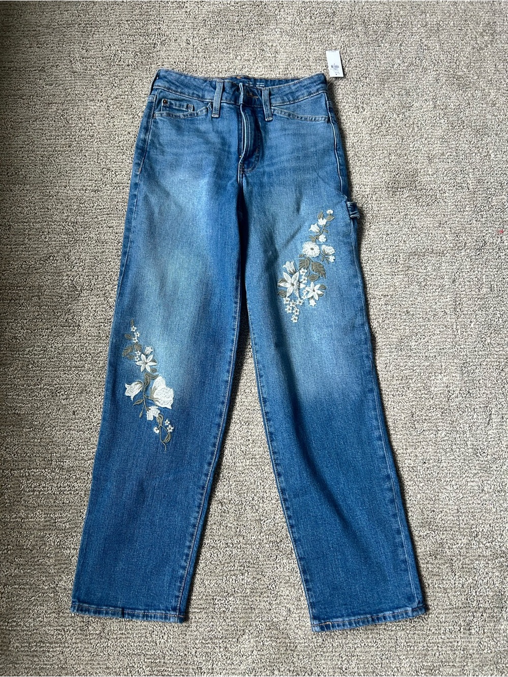 Old Navy Blue Straight-Leg Jeans with White Floral Embroidery